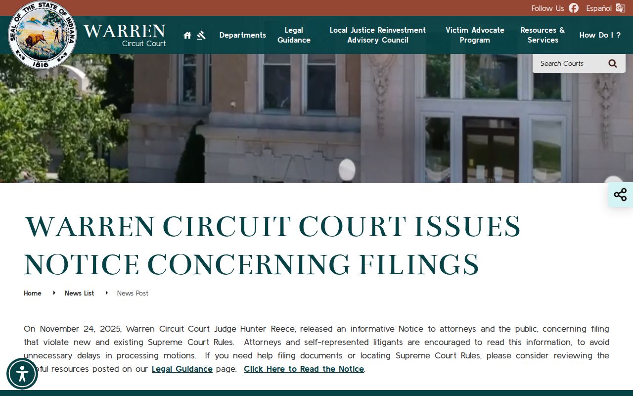 Pine Village court docket public filing notice
