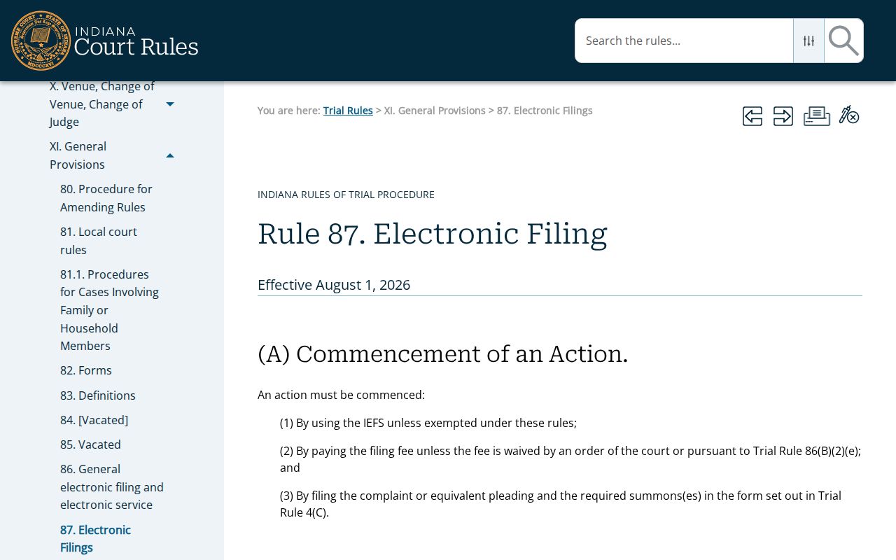 Indiana Trial Rule 87 governing Warren County civil docket electronic filing