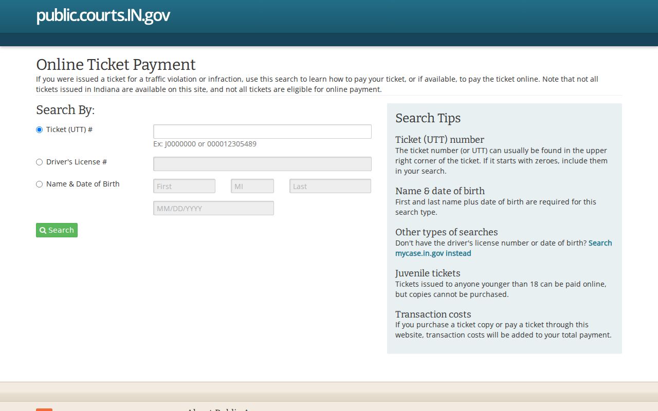 Indiana online payment search for Warren County traffic court records